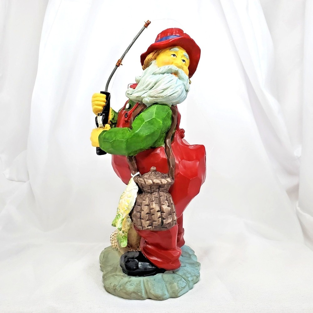 VTG Fisherman Figurine Holding Rod & Fish Snagged 9" Tall Santa
